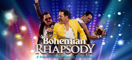 Performer Thomas Crane in three different Freddy Mercury outfits and poses including his yellow military jacket, leather jacket and white singlet. 