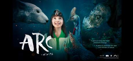 A young girl in a green collared shirt smiles and looks up at a sugar glider that is resting on her head. Behind her is a soft blue-green forest of leaves, and Surrounding her are endangered animals such as a polar bear on her left, a komodo dragon below her, and a cassowary and rhino to her right.