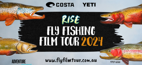 White background with four colourful trout at each corner of the image with the words ' Rise Fly Fishing Film Tour 2024'.