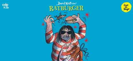 Illustration of man in a red and white striped shirt holding a rat in one hand and a burger in the other.