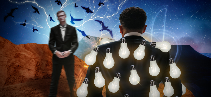 Two men face each other - one with his back to the camera - his back is covered in lightbulbs. Behind the other man, facing the camera are many ravens flying and lightning bolts.