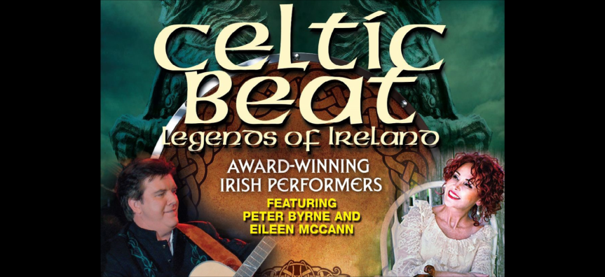 Performers Peter Byrne (a black haired man with a guitar) and Eileen McCann (a red-haired woman sitting in a white chair) are pictured against an illustrated green background with two mythological Celtic heroes in elaborate helmets standing back to back.