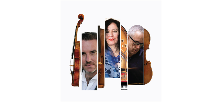 A collage of images on a white background - including violins, the inside of a piano and the faces of performers Vov Dylan and Clemens Leske next to composer, Elena Kats-Chernin.