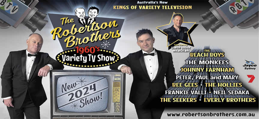The Robertson Brothers, dressed in tuxedos are pictured leaning on an old television set. The words 'New 2024 Show' are on the screen and TV cameras pointing at them. There is a list to the right of the brothers detailing some of the music they play. There is a star cutout above them featuring Simon McLachlan. 