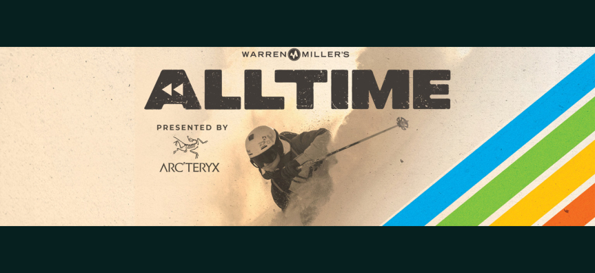 Close up sepia image of a skier leaning into a turn with his poles up and snow all around. In the bottom right corner there are colourful lines extending diagonally across the page in a vintage video style.
