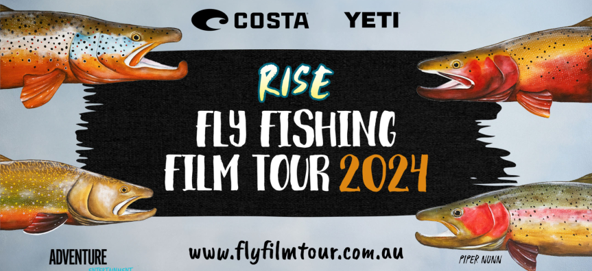 White background with four colourful trout at each corner of the image with the words ' Rise Fly Fishing Film Tour 2024'.