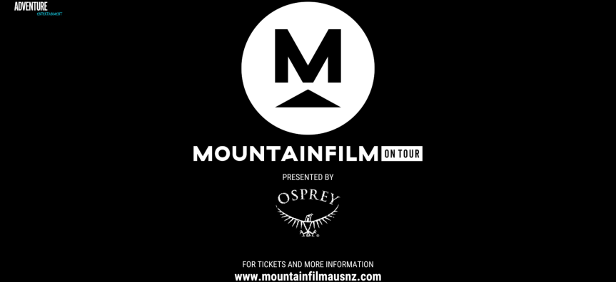 A black background with white text overlay, reading: Mountainfilm On Tour sponsored by Osprey. The logo for Osprey is displayed which is a picture of an Osprey.
