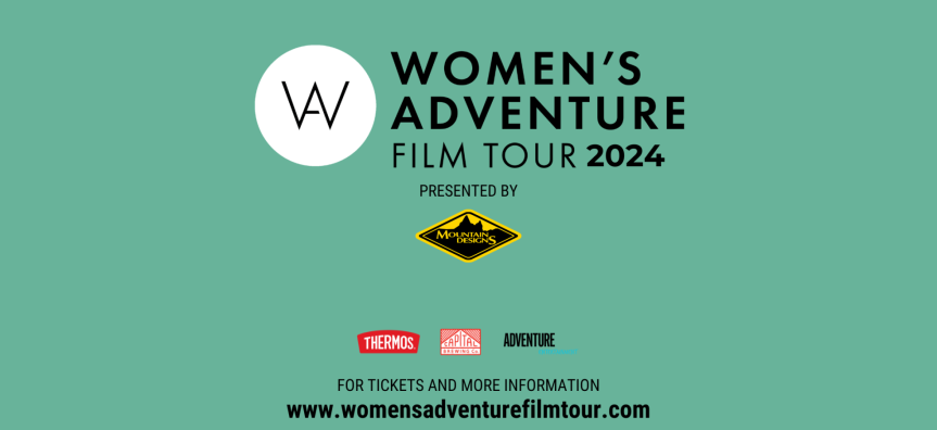 A green background with text reading Women's Adventure Film Tour 2024 with supporting logos from Mountain Design 