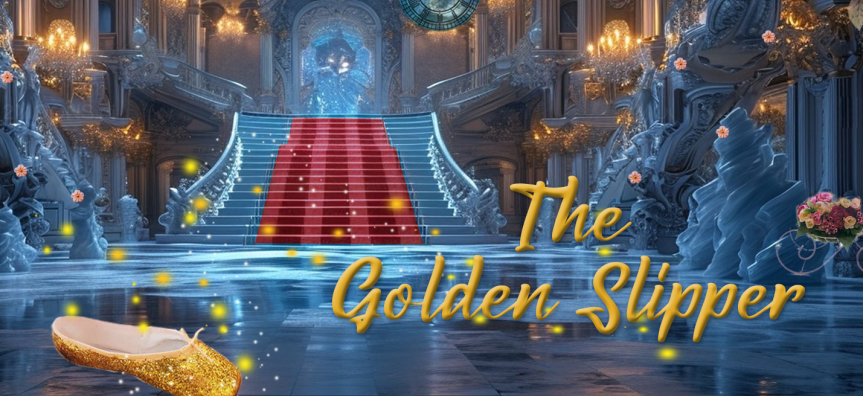 A golden ballet slipper in a ballroom setting