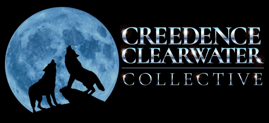 Black background two wolves standing on a rock with their heads tipped howling in front of a blue full moon.  Text reads: Creedence Clearwater Collective