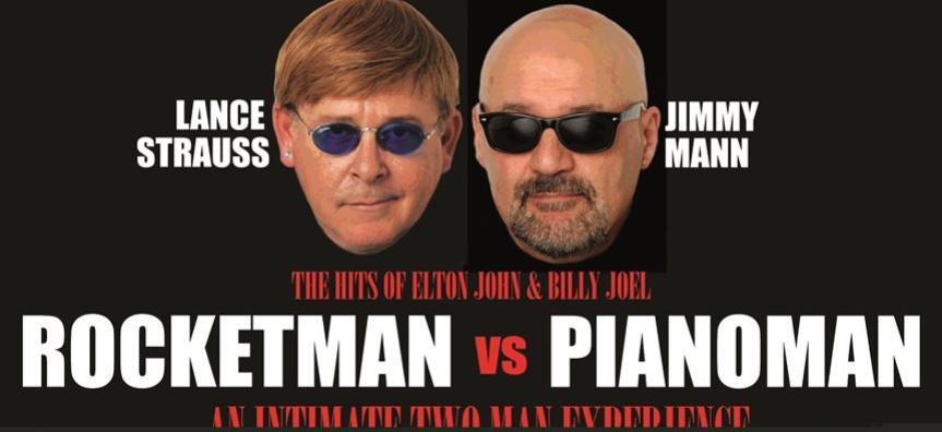 The faces of an Elton John impersonator and a Billy Joel impersonator are displayed on a black background. The show title "Rocket Man vs Piano Man' is featured below their faces in big white writing. 