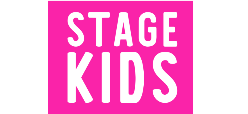 The words Stage Kids is written in white font on a pink background 