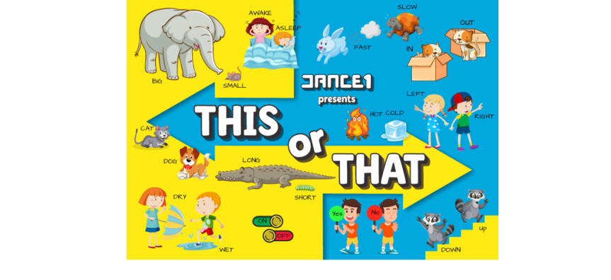 Cartoon images of children and animals playing on a blue and yellow background with the words This of That in the foreground