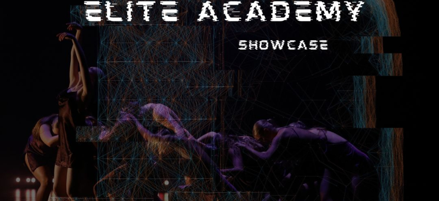 Dance school name Elite Academy is in a pixel-like font and dancers perform various moves in the background, barely visible due to dark lights 