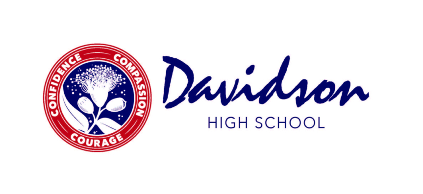 The Davidson High School Logo on a white background. Logo features a blooming flower bud circled in a maroon outline with the words courage, confidence and compassion written 