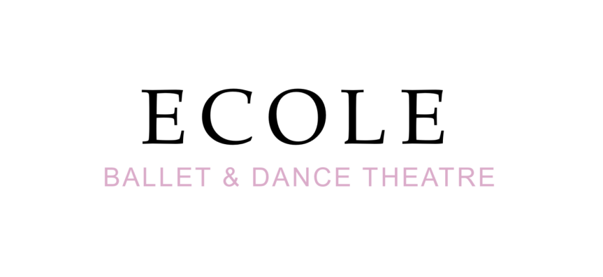 The words Ecole Ballet and Dance are written in black and pink font on a white background 