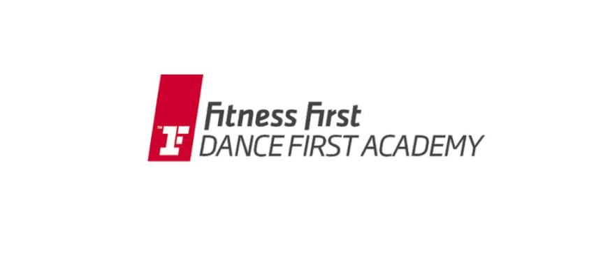 The Words dance first and fitness first are displayed on a white background with a red F