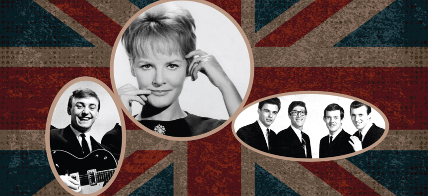 Background of a faded Union Jack flag with a picture of Petula Clark