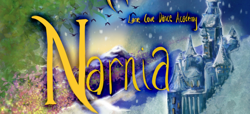 The word Narnia is written in a gold font and sits in front of a large white castle