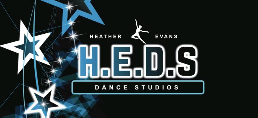 Heather Evans dance studio written in white and blue on a black background
