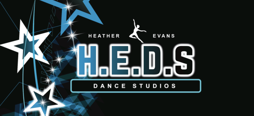 Heather Evans dance studio written in white and blue on a black background 