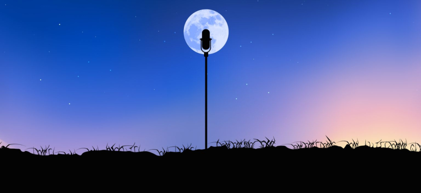 An illustration of a the outline of a microphone against a full moon.