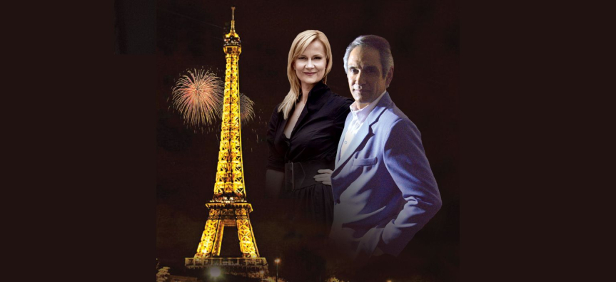 A montage of a man and a woman and fireworks over the Eiffel Tower 