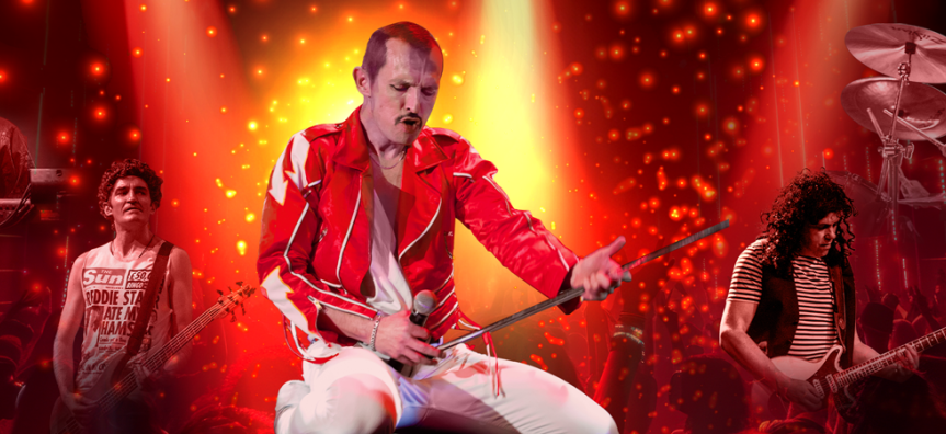 Gareth Hill as Freddie Mercury singing. 