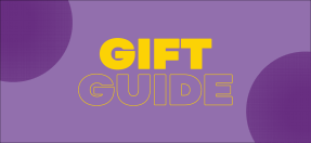 A purple background with two transparent purple circles in the right hand bottom and top left hand side. The text overlay in bright yellow reads Gift Guide.