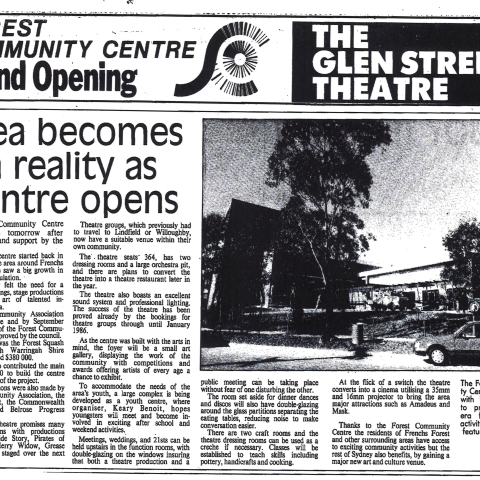 Newspaper article from Glen Street Theatre's opening in 1985